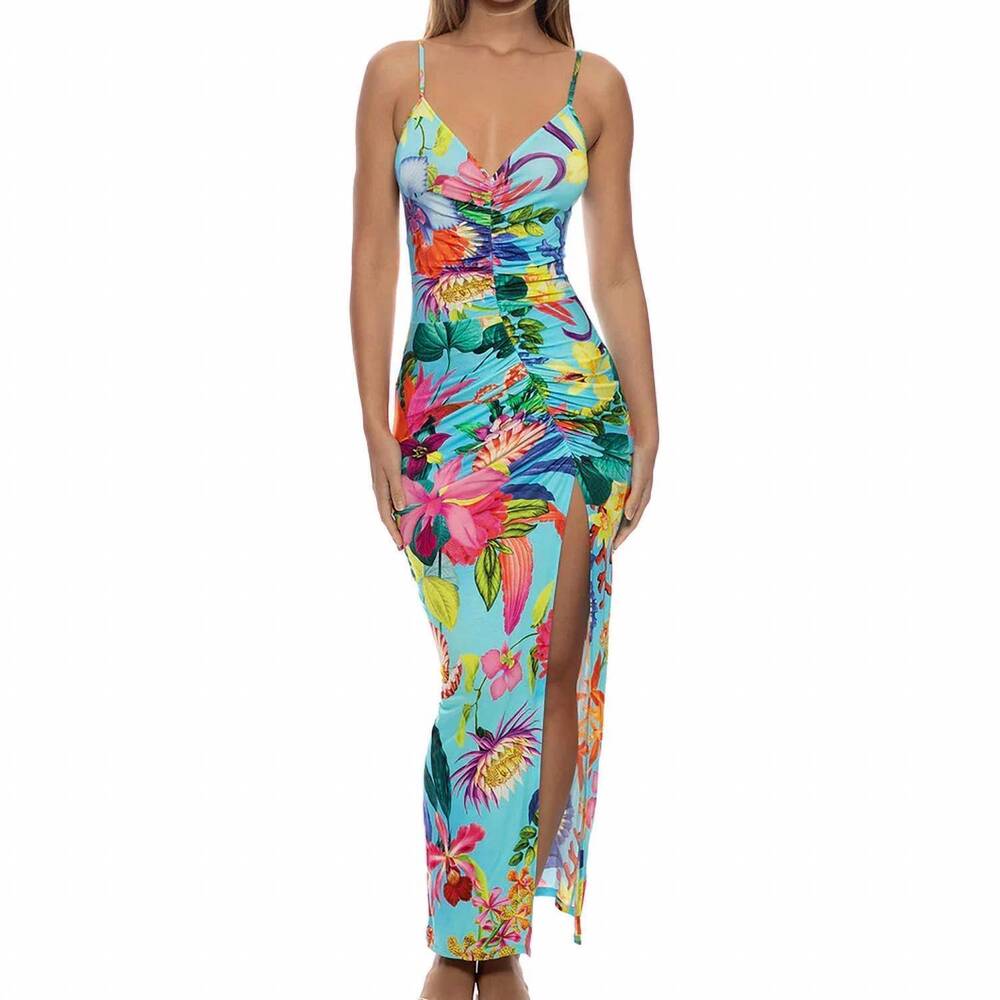 NEW LULI FAMA ocean's kiss ruched front tank maxi dress in multicolor